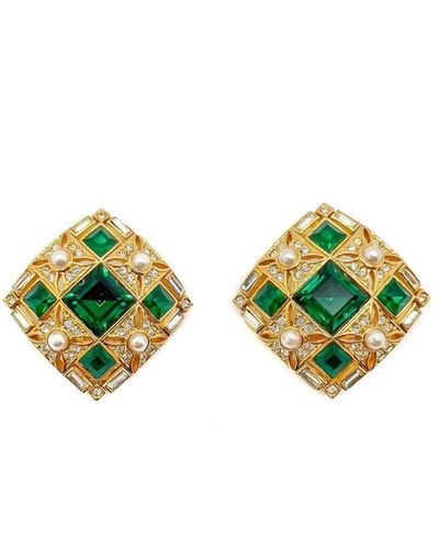 JENNIFER GIBSON JEWELLERY Vintage Square Cut Emerald Crystal & Pearl Earrings 1980s - Green
