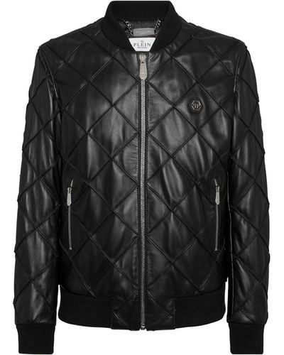 Philipp Plein Quilted Leather Bomber Jacket - Black