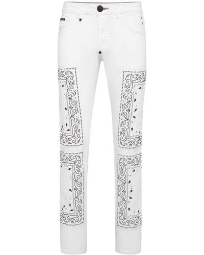 Philipp Plein Bandana-embroidered Straight-leg Jeans - White