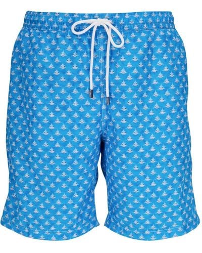 Fedeli Shark-print Swim Shorts - Blue