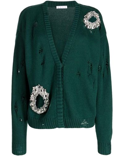 Area Distressed-effect Crystal-embellished Cardigan - Green
