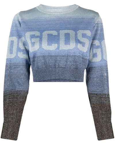 Gcds Intarsia-knit Logo Cropped Jumper - Blue
