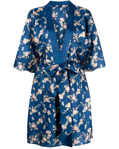 Dolci Follie Floral-print Silk Robe - Blue