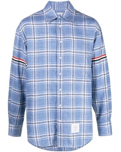 Thom Browne Rwb Stripe Checked Linen Shirt - Blue