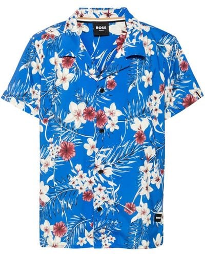 BOSS Beach Tropical-print Short-sleeve Shirt - Blue