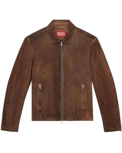 DIESEL L-crombe Zip-up Leather Jacket - Brown