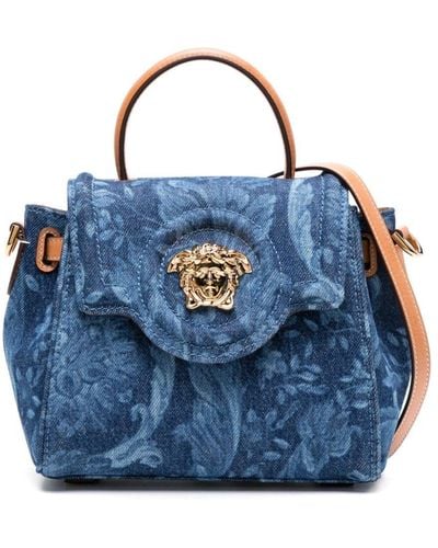 Versace La Medusa Foldover Top Small Tote Bag - Blue