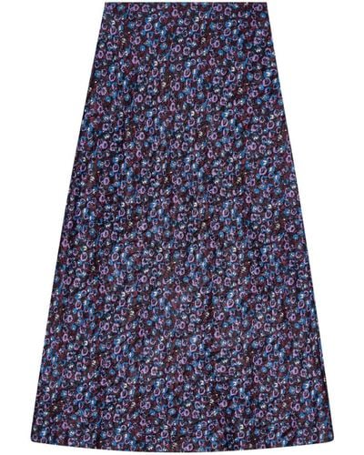 Ganni Floral-print Satin Midi Skirt - Blue