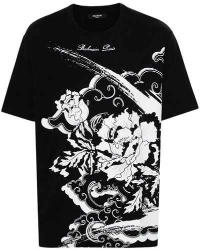 Balmain フローラル Tシャツ - ブラック