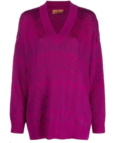 Missoni V-neck Chevron Wool Blend Sweater - Purple