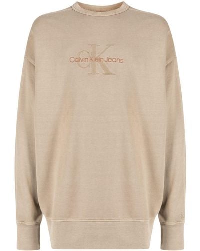 Calvin Klein Logo-embroidered Crew-neck Sweatshirt - Natural