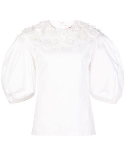 Carolina Herrera Floral Appliqués Puff Sleeve Blouse - White
