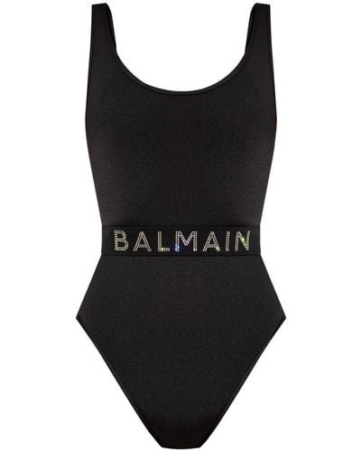 Balmain Rhinestone Logo Swimsuit - Black