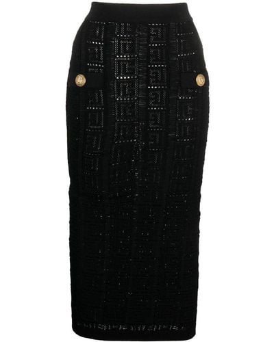 Balmain Monogram Mesh Knit Midi Skirt - Black