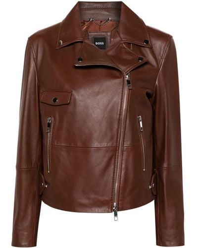 BOSS Double-breasted Leather Biker Jacket - Brown