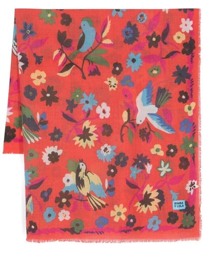 Bimba Y Lola Floral-print Wool Scarf - Red