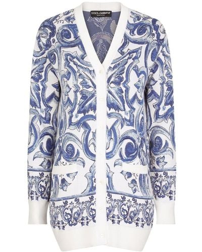 Dolce & Gabbana Cardigan en soie à imprimé Majolica - Bleu