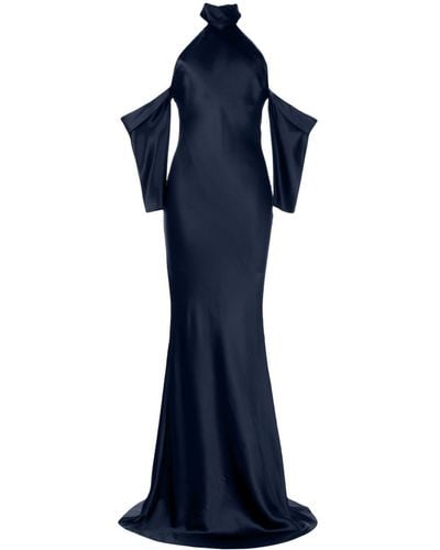 Michelle Mason Halterneck Drop-sleeve Maxi Dress - Blue