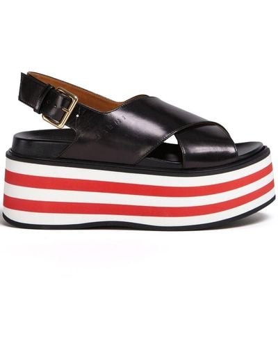 Marni Striped Leather Wedge Sandals - Red