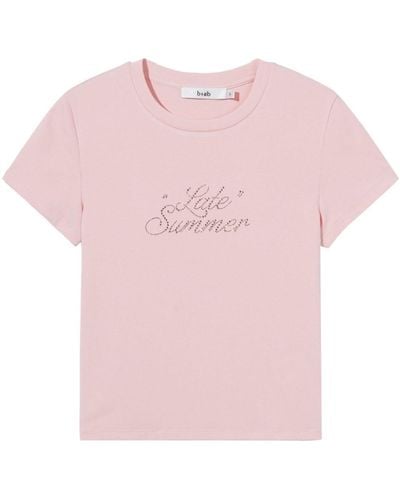 B+ AB Rhinestone-slogan Crew-neck T-shirt - Pink