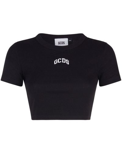 Gcds Cropped T-Shirt With Embroidered Logo - Blue