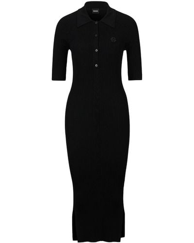 BOSS Ribbed-knit Midi Dress - Black