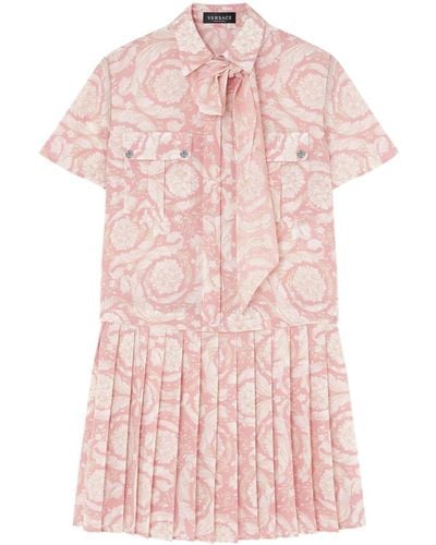 Versace Short Barocco Athena Dress In Silk With Bow - Pink