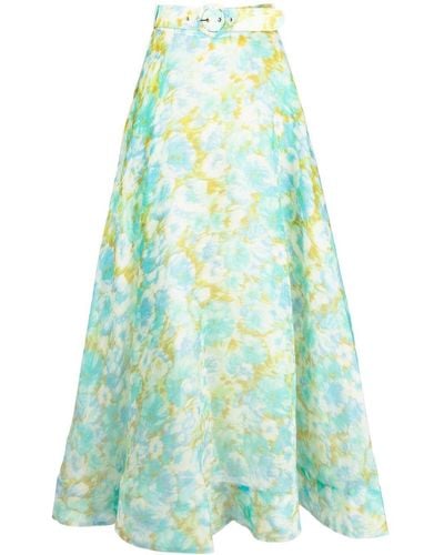 Zimmermann Belted Floral-print Linen And Silk-blend Maxi Skirt - Blue
