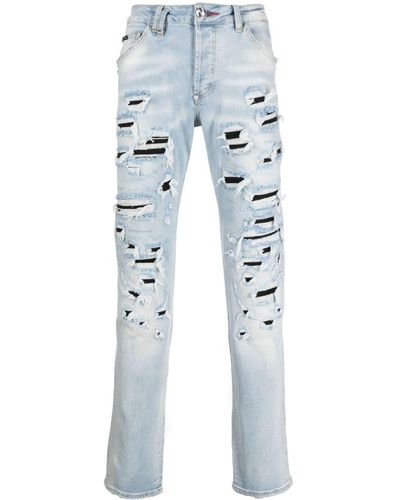 Philipp Plein Straight-Leg-Jeans im Destroyed-Look - Blau