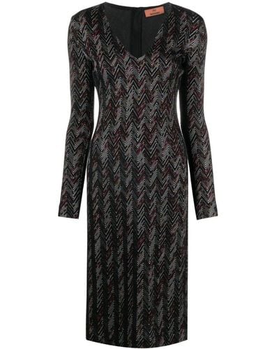 Missoni Midi-jurk Met Visgraat Patroon En V-hals - Zwart