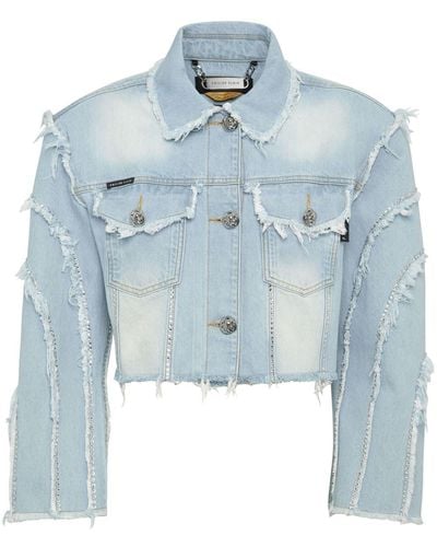 Philipp Plein Cropped Cotton Denim Jacket - Blue
