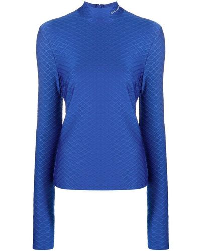 Karl Lagerfeld Logo-embroidered Textured Long-sleeved Top - Blue