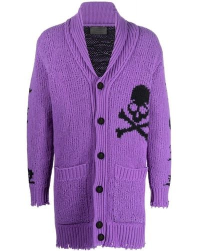 Philipp Plein Intarsia-knit Logo Cardigan - Purple