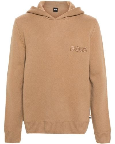 BOSS Logo-embroidered Hooded Jumper - Brown