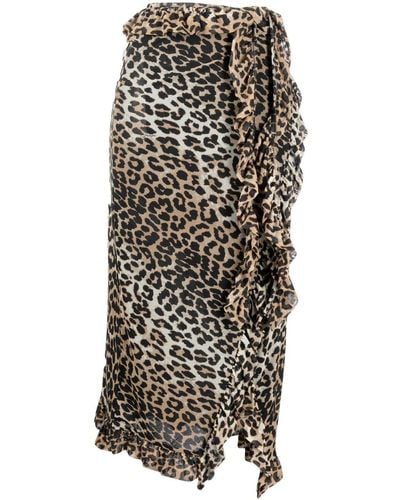 Ganni Ruffled Leopard-print Midi Skirt - White