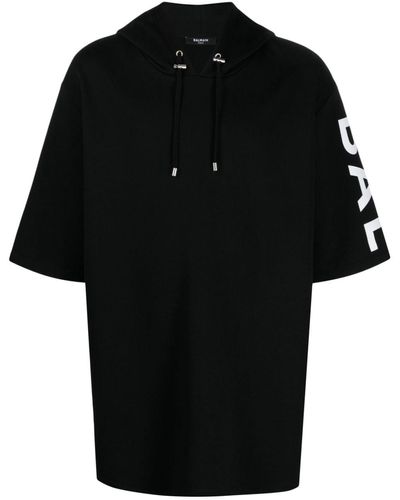 Balmain Logo-print Short-sleeve Cotton Hoodie - Black