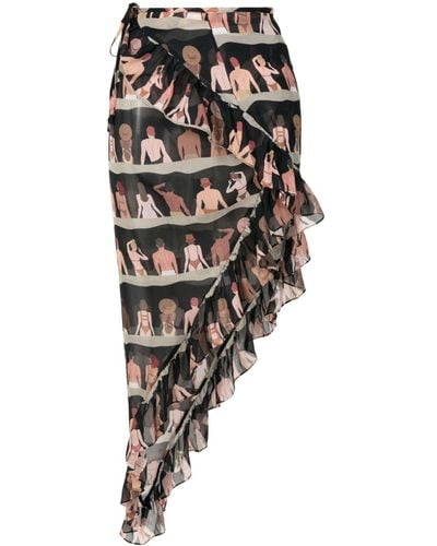 Amir Slama Graphic-print Silk Asymmetric Skirt - Black