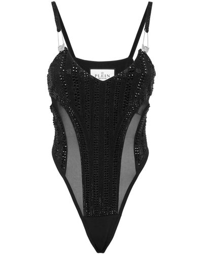 Philipp Plein Crystal-embellished V-neck Bodysuit - Black