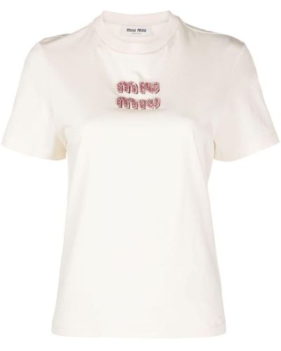 Miu Miu T-shirt en coton à logo appliqué - Blanc
