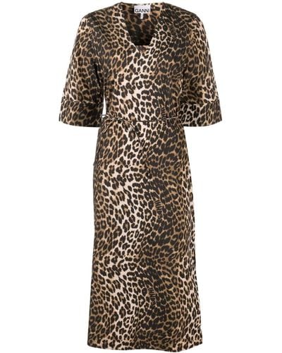 Ganni Leopard-print Tied-waist Midi Dress - Brown
