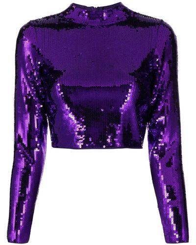 Purple Crop Top - Sequin Top - Long Sleeve Top - Surplice Top - Lulus