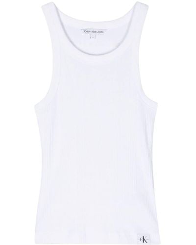 Calvin Klein Fein geripptes Tanktop mit Logo-Patch - Weiß
