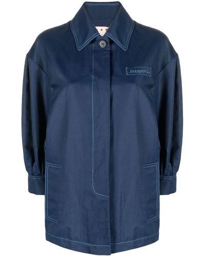 Marni Logo-embroidered Pleat-detail Shirt Jacket - Blue