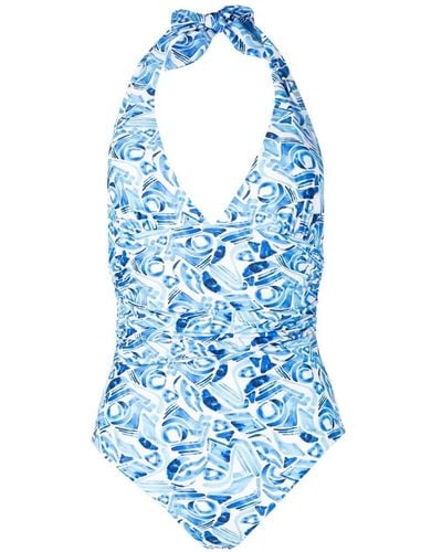 Rebecca Vallance Abstract-print Halterneck Swimsuit - Blue