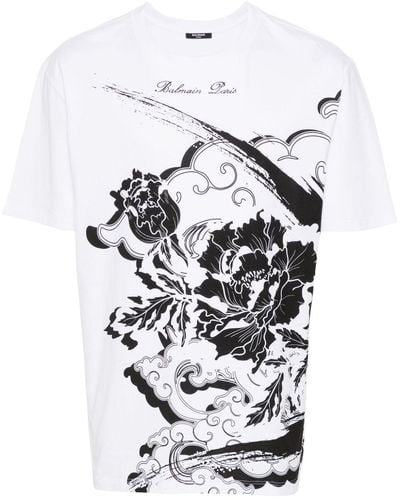 Balmain T-Shirt mit Blumen-Print - Weiß