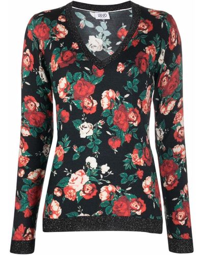 Liu Jo Floral-print V-neck Sweater - Black