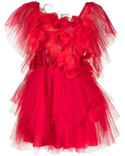 Loulou Floral Appliqué Tulle Minidress - Red