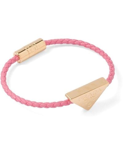 Prada Triangle-logo Braided Leather Bracelet - Pink