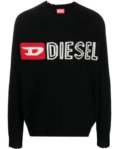 DIESEL Rundhals-Pullover aus Wolle mit Cut-up-Logo - Schwarz