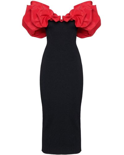 Alexander McQueen Ruffled Cold-shoulder Ribbed-knit And Faille Midi Dress - Red